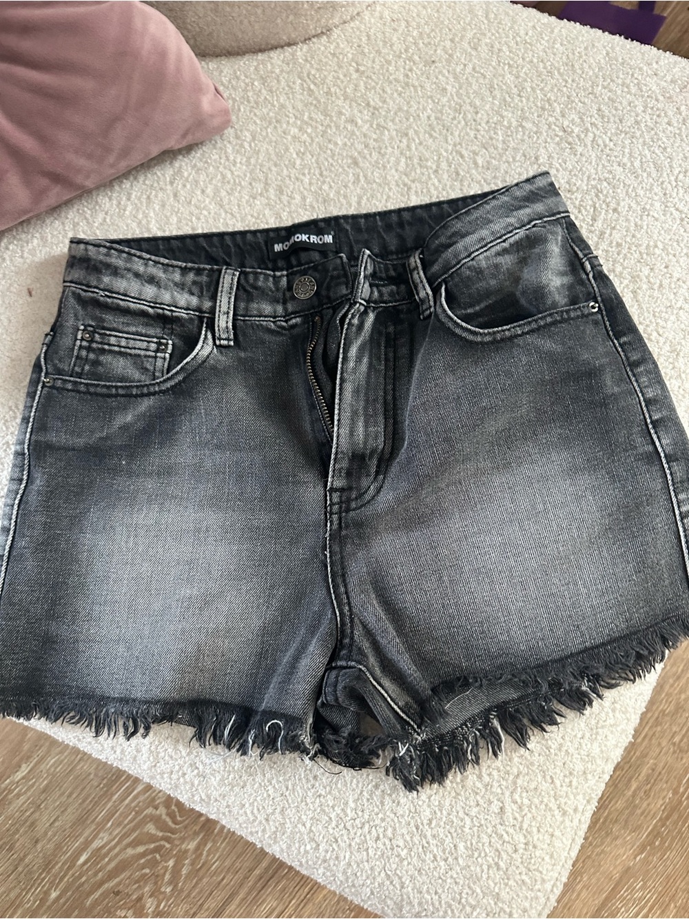 Black Denim Frayed Hem Women's Shorts